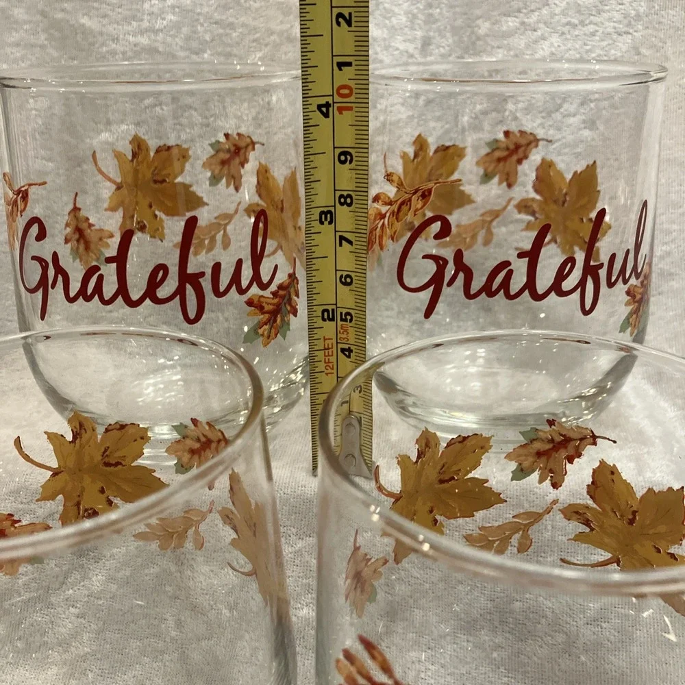 Thanksgiving Fall Leaves Stemless Wine Water Glasses GRATEFUL Table Barware (4)